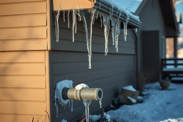 Ice on a drain pipe outlet on a Colorado house in winter